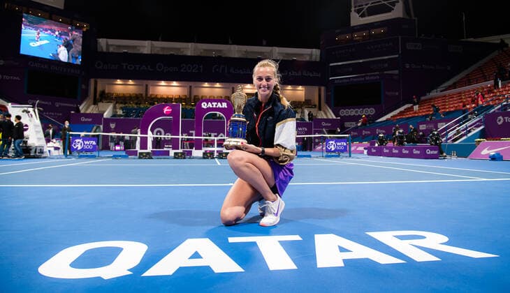 March 6, 2021, DOHA, QATAR: Petra Kvitova of the Czech Republic with the champions trophy after winning the final of the 2021 Qatar Total Open WTA, Tennis Damen 500 tournament against Garbine Muguruza of Spain DOHA QATAR - ZUMAa181 20210306_zaa_a181_052 Copyright: xRobxPrangex