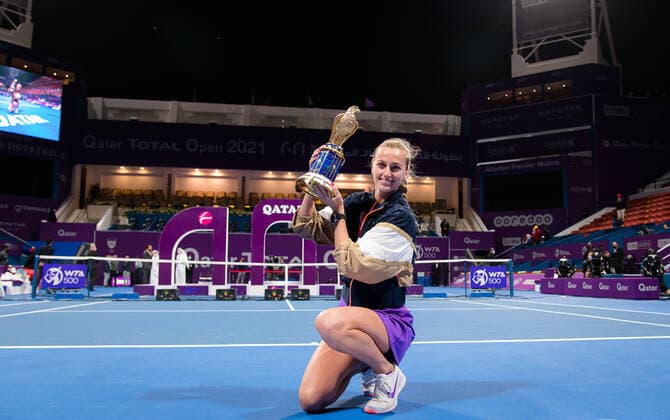 March 6, 2021, DOHA, QATAR: Petra Kvitova of the Czech Republic with the champions trophy after winning the final of the 2021 Qatar Total Open WTA, Tennis Damen 500 tournament against Garbine Muguruza of Spain DOHA QATAR - ZUMAa181 20210306_zaa_a181_053 Copyright: xRobxPrangex