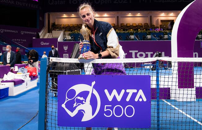 March 6, 2021, DOHA, QATAR: Petra Kvitova of the Czech Republic with the champions trophy after winning the final of the 2021 Qatar Total Open WTA, Tennis Damen 500 tournament against Garbine Muguruza of Spain DOHA QATAR - ZUMAa181 20210306_zaa_a181_058 Copyright: xRobxPrangex