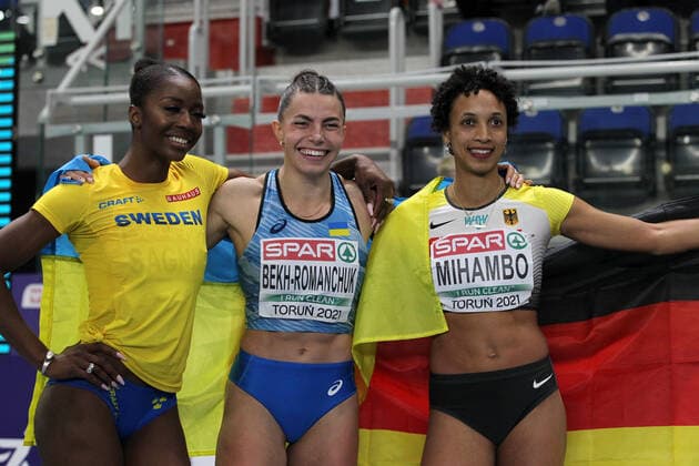 Torun Polen, Athletics, Leichtathletik, European athletics indoor Championships 2021, Leichtathletik-Europa-Hallenmeisterschaften 2021, Hallen EM 2021, 05.03.-07.03.2021, weitsprung Frauen Finale Khaddi Sagnia, Maryna Bekh- Romanchuk, Malaika Mihambo, *** Torun Poland, Athletics, athletics, European athletics indoor championships 2021, athletics european indoor championships 2021, European indoor championships 2021, 05 03 07 2021, long jump women final Khaddi Sagnia, Maryna Bekh Romanchuk, Malaika Mihambo,