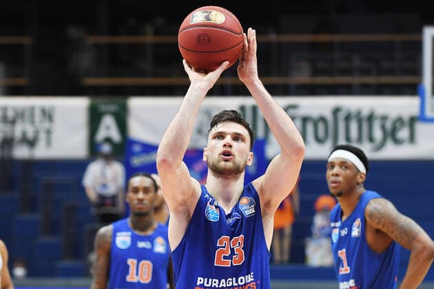 Basketball 1 Bundesliga, season 2020 2021, 22 matchday, Syntainics MBC Weissenfels vs Basketball Löwen Braunschweig 06 02 2021 Michal Michalak MBC Weissenfels, back number 23 during the free throw in the game MBC Weissenfels vs Braunschweig 06 03 2021 Weissenfels Saxony Anhalt Germany Stadthalle Weissenfels