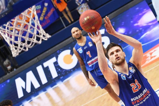Basketball 1 Bundesliga, season 2020 2021, 22 matchday, Syntainics MBC Weissenfels vs Basketball Löwen Braunschweig 06 02 2021 Michal Michalak MBC Weissenfels, back number 23 during the free throw in the game MBC Weissenfels vs Braunschweig 06 03 2021 Weissenfels Saxony Anhalt Germany Stadthalle Weissenfels