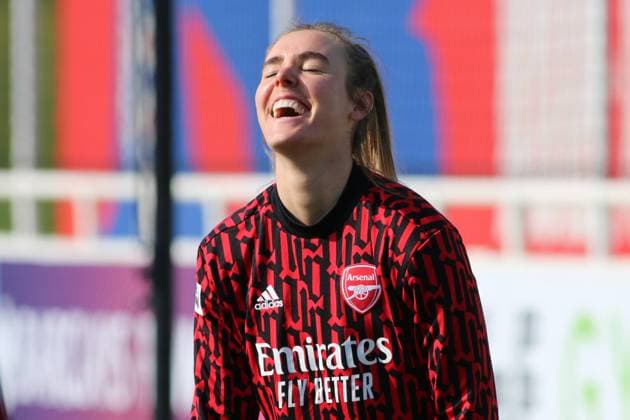 St George?s Park National Football Centre, England, Mar 7th 2021: Jill Roord ( 14 Arsenal) all smiles during warm up prior to the Barclay FA Womens Super League game between Birmingham City and Arsenal at St George?s Park National Football Centre in Burton upon Trent, England. Womens Super League - Birmingham City v Arsenal 