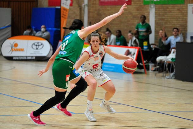 Basketball DBBL 21 Matchday GiroLive Panthers Osnabrück Rutronik Stars Keltern on 07 03 2021 in the OSC Hall in Osnabrück Vicky Poros Osnabrück in a duel with Andrijana Cvitkovic Keltern BK
