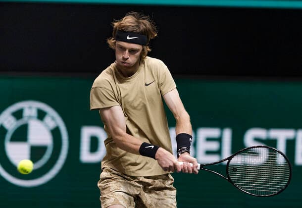 Rotterdam, The Netherlands,7 march 2021, ABNAMRO World Tennis Tournament, Ahoy, Finals: Andrey Rublev (RUS) vs. Marton Fucsovics (HUN). Photo: .tennisimages.com henkkoster  Copyright: xHenkxKosterx