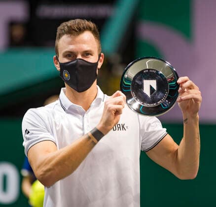Rotterdam, The Netherlands,7 march 2021, ABNAMRO World Tennis Tournament, Ahoy, Final: Finalist Andrey Rublev (RUS) receives price. Photo: .tennisimages.com  Copyright: xHenkxKosterx