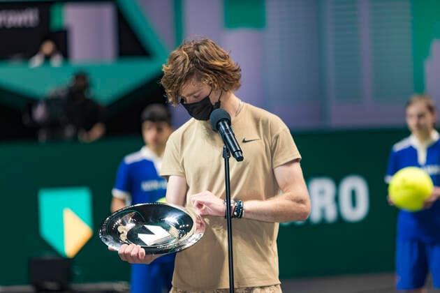 Rotterdam, The Netherlands,7 march 2021, ABNAMRO World Tennis Tournament, Ahoy, Final: Finalist Andrey Rublev (RUS) receives price. Photo: .tennisimages.com  Copyright: xHenkxKosterx
