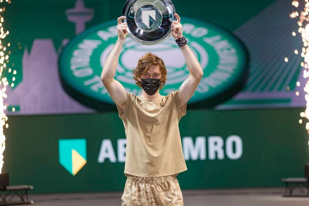 Rotterdam, The Netherlands,7 march 2021, ABNAMRO World Tennis Tournament, Ahoy, Final: Finalist Andrey Rublev (RUS) receives price. Photo: .tennisimages.com  Copyright: xHenkxKosterx