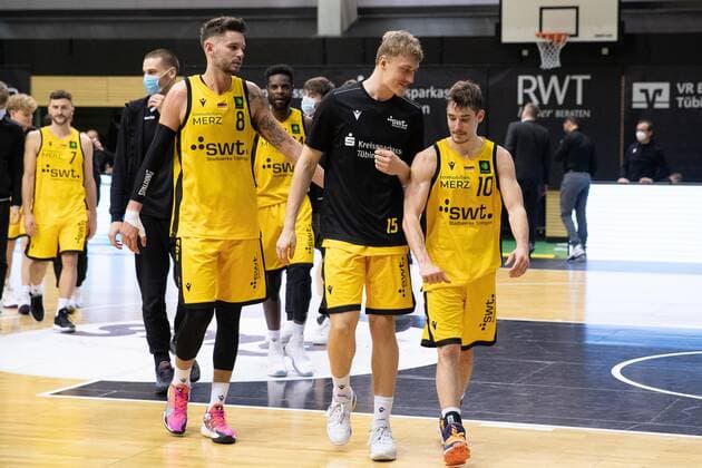 Enosch Wolf Tigers Tübingen, 8 , Jekabs Beck Tigers Tübingen, 15 , Gianni Otto Tigers Tübingen, 10 ¨¨¨Tigers Tübingen Phoenix Hagen , 2 Basketball, Bundesliga, Pro A, Barmer 2 Basketball, Matchday 25, Season 2020 2021, 07 03 2021, ¨¨ Tigers Tübingen Phoenix Hagen, Basketball, 2 Bundesliga, Barmer 2 Basketball, Matchday 25, Season 2020 2021, 07 03 2021 Rottenburg am Neckar. Copyright: xNinaxSander xEibnerxPressefotoxIx EP_NSR
