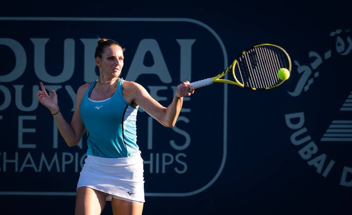 March 8, 2021, DUBAI, UNITED ARAB EMIRATES: Kristyna Pliskova of the Czech Republic in action during the first round of the 2021 Dubai Duty Free Tennis Championships WTA, Tennis Damen 1000 tournament against Tereza Martincova of the Czech Republic DUBAI UNITED ARAB EMIRATES - ZUMAa181 20210308_zaa_a181_097 Copyright: xRobxPrangex