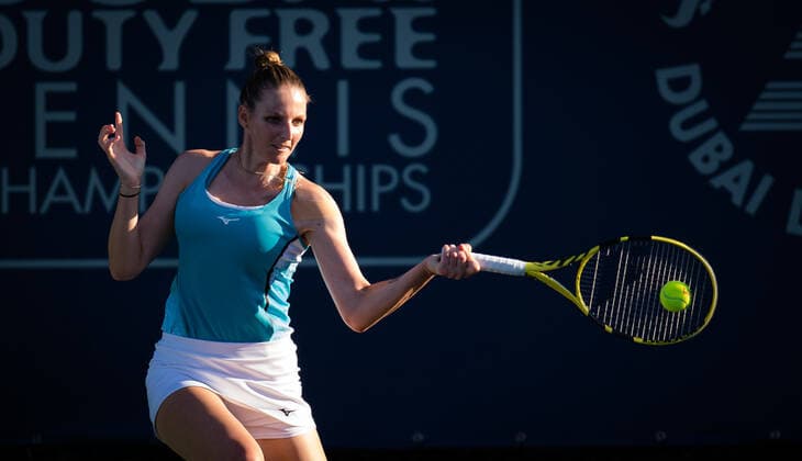March 8, 2021, DUBAI, UNITED ARAB EMIRATES: Kristyna Pliskova of the Czech Republic in action during the first round of the 2021 Dubai Duty Free Tennis Championships WTA, Tennis Damen 1000 tournament against Tereza Martincova of the Czech Republic DUBAI UNITED ARAB EMIRATES - ZUMAa181 20210308_zaa_a181_098 Copyright: xRobxPrangex