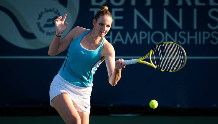 March 8, 2021, DUBAI, UNITED ARAB EMIRATES: Kristyna Pliskova of the Czech Republic in action during the first round of the 2021 Dubai Duty Free Tennis Championships WTA, Tennis Damen 1000 tournament against Tereza Martincova of the Czech Republic DUBAI UNITED ARAB EMIRATES - ZUMAa181 20210308_zaa_a181_101 Copyright: xRobxPrangex