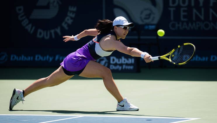 March 8, 2021, DUBAI, UNITED ARAB EMIRATES: Saisai Zheng of China in action during the first round of the 2021 Dubai Duty Free Tennis Championships WTA, Tennis Damen 1000 tournament against Elena Rybakina of Kazakhstan DUBAI UNITED ARAB EMIRATES - ZUMAa181 20210308_zaa_a181_111 Copyright: xRobxPrangex