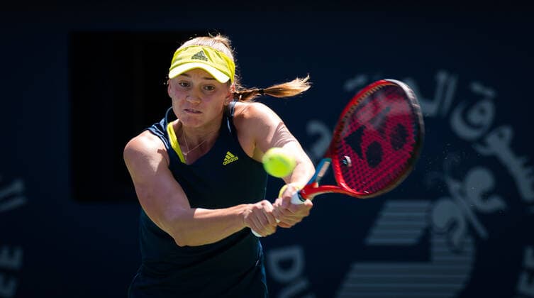 March 8, 2021, DUBAI, UNITED ARAB EMIRATES: Elena Rybakina of Kazakhstan in action during the first round of the 2021 Dubai Duty Free Tennis Championships WTA, Tennis Damen 1000 tournament against Saisai Zheng of China DUBAI UNITED ARAB EMIRATES - ZUMAa181 20210308_zaa_a181_115 Copyright: xRobxPrangex