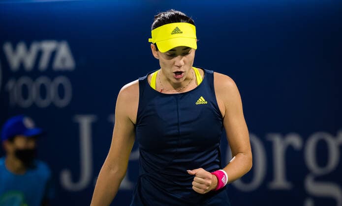 March 8, 2021, DUBAI, UNITED ARAB EMIRATES: Garbine Muguruza of Spain in action during the first round of the 2021 Dubai Duty Free Tennis Championships WTA, Tennis Damen 1000 tournament against Irina Begu of Romania DUBAI UNITED ARAB EMIRATES - ZUMAa181 20210308_zaa_a181_122 Copyright: xRobxPrangex