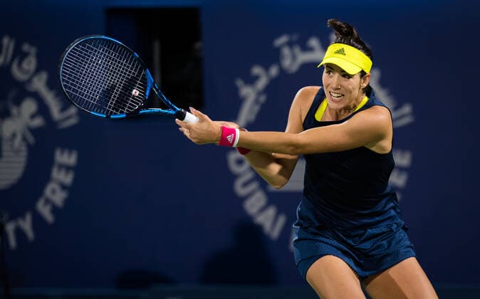 March 8, 2021, DUBAI, UNITED ARAB EMIRATES: Garbine Muguruza of Spain in action during the first round of the 2021 Dubai Duty Free Tennis Championships WTA, Tennis Damen 1000 tournament against Irina Begu of Romania DUBAI UNITED ARAB EMIRATES - ZUMAa181 20210308_zaa_a181_124 Copyright: xRobxPrangex