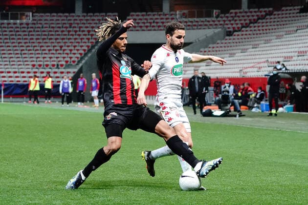 Jean Clair Todibo (OGC Nice) - Cesc Fabregas (AS Monaco) FOOTBALL : OGC Nice vs AS Monaco - 16 eme de finale de coupe de France - Nice - 08 03 2021 NorbertScanella PanoramiC 