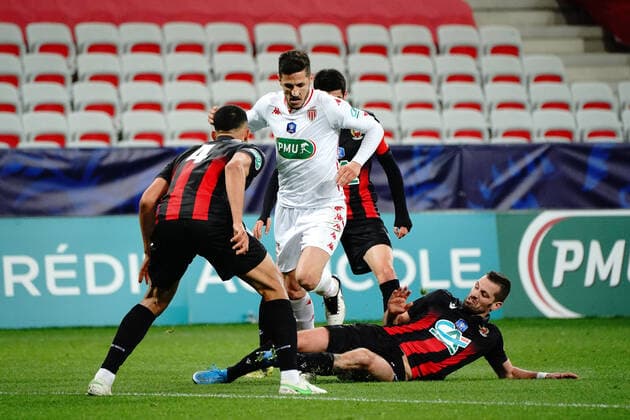Stevan Jovetic (AS Monaco) - Morgan Schneiderlin (OGC Nice) FOOTBALL : OGC Nice vs AS Monaco - 16 eme de finale de coupe de France - Nice - 08 03 2021 NorbertScanella PanoramiC 