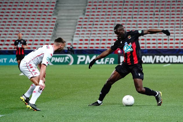 Stanley NSoki (OGC Nice) - Ruben Aguilar (AS Monaco) FOOTBALL : OGC Nice vs AS Monaco - 16 eme de finale de coupe de France - Nice - 08 03 2021 NorbertScanella PanoramiC 