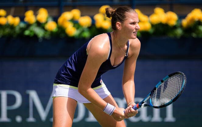 March 9, 2021, DUBAI, UNITED ARAB EMIRATES: Karolina Pliskova of the Czech Republic in action during the second round of the 2021 Dubai Duty Free Tennis Championships WTA, Tennis Damen 1000 tournament against Anastasija Sevastova of Latvia DUBAI UNITED ARAB EMIRATES - ZUMAa181 20210309_zaa_a181_025 Copyright: xRobxPrangex