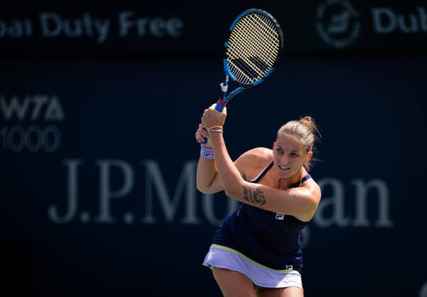 March 9, 2021, DUBAI, UNITED ARAB EMIRATES: Karolina Pliskova of the Czech Republic in action during the second round of the 2021 Dubai Duty Free Tennis Championships WTA, Tennis Damen 1000 tournament against Anastasija Sevastova of Latvia DUBAI UNITED ARAB EMIRATES - ZUMAa181 20210309_zaa_a181_030 Copyright: xRobxPrangex