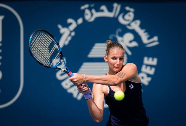 March 9, 2021, DUBAI, UNITED ARAB EMIRATES: KAROLINA PLISKOVA of the Czech Republic in action against A. Sevastova of Latvia during the second round of the 2021 Dubai Duty Free Tennis Championships WTA, Tennis Damen 1000 tournament in Dubai, UAE. Pliskova won 6:3, 6:7, 6:2. DUBAI UNITED ARAB EMIRATES - ZUMAa181 20210309_zaa_a181_034 Copyright: xRobxPrangex
