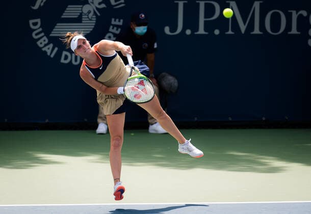 March 9, 2021, DUBAI, UNITED ARAB EMIRATES: Marketa Vondrousova of the Czech Republic in action during the second round of the 2021 Dubai Duty Free Tennis Championships WTA, Tennis Damen 1000 tournament against Cori Gauff of the United States DUBAI UNITED ARAB EMIRATES - ZUMAa181 20210309_zaa_a181_048 Copyright: xRobxPrangex