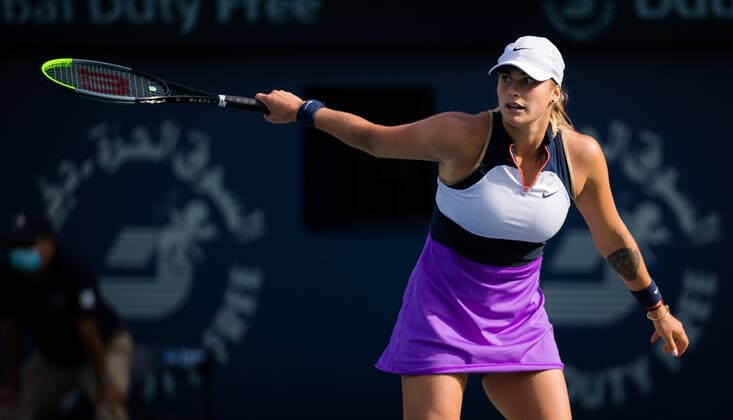 March 9, 2021, DUBAI, UNITED ARAB EMIRATES: Aryna Sabalenka of Belarus in action during the second round at the 2021 Dubai Duty Free Tennis Championships WTA, Tennis Damen 1000 tournament against Alize Cornet of France DUBAI UNITED ARAB EMIRATES - ZUMAa181 20210309_zaa_a181_063 Copyright: xRobxPrangex