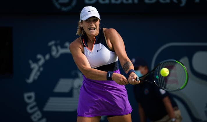 March 9, 2021, DUBAI, UNITED ARAB EMIRATES: Aryna Sabalenka of Belarus in action during the second round at the 2021 Dubai Duty Free Tennis Championships WTA, Tennis Damen 1000 tournament against Alize Cornet of France DUBAI UNITED ARAB EMIRATES - ZUMAa181 20210309_zaa_a181_065 Copyright: xRobxPrangex