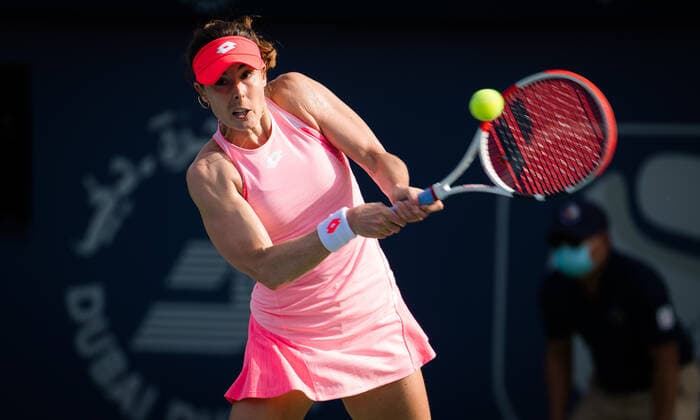 March 9, 2021, DUBAI, UNITED ARAB EMIRATES: Alize Cornet of France in action during the second round at the 2021 Dubai Duty Free Tennis Championships WTA, Tennis Damen 1000 tournament against Aryna Sabalenka of Belarus DUBAI UNITED ARAB EMIRATES - ZUMAa181 20210309_zaa_a181_069 Copyright: xRobxPrangex