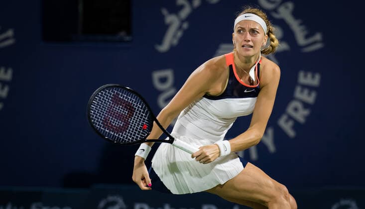 March 9, 2021, DUBAI, UNITED ARAB EMIRATES: Petra Kvitova of the Czech Republic in action during her second round match at the 2021 Dubai Duty Free Tennis Championships WTA, Tennis Damen 1000 tournament against Jil Teichmann of Switzerland DUBAI UNITED ARAB EMIRATES - ZUMAa181 20210309_zaa_a181_124 Copyright: xRobxPrangex