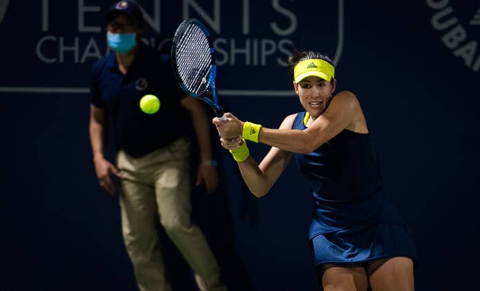 March 9, 2021, DUBAI, UNITED ARAB EMIRATES: Garbine Muguruza of Spain in action her second round match at the 2021 Dubai Duty Free Tennis Championships WTA, Tennis Damen 1000 tournament against Amanda Anisimova of the United States DUBAI UNITED ARAB EMIRATES - ZUMAa181 20210309_zaa_a181_135 Copyright: xRobxPrangex