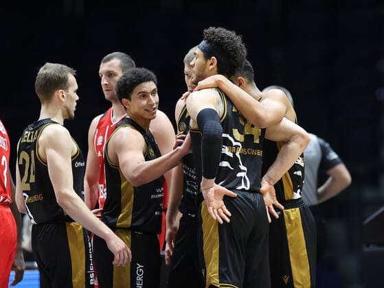 Joy at Braunschweig after a basket by Gavin Schilling Basketball Loewen Braunschweig , Arnas Velicka Basketball Loewen Braunschweig and James Robinson Basketball Loewen Braunschweig