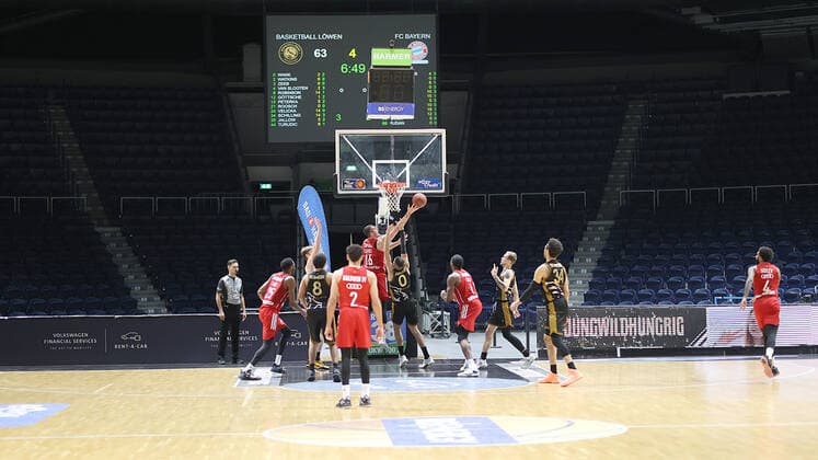 No spectators in the Volkswagen Hall at the Braunschweig vs. Bayern Muenchen Basketball League game