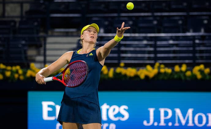 March 9, 2021, DUBAI, UNITED ARAB EMIRATES: Elena Rybakina of Kazakhstan in action during her second-round match at the 2021 Dubai Duty Free Tennis Championships WTA, Tennis Damen 1000 tournament against Ons Jabeur of Tunisia DUBAI UNITED ARAB EMIRATES - ZUMAa181 20210309_zaa_a181_186 Copyright: xRobxPrangex