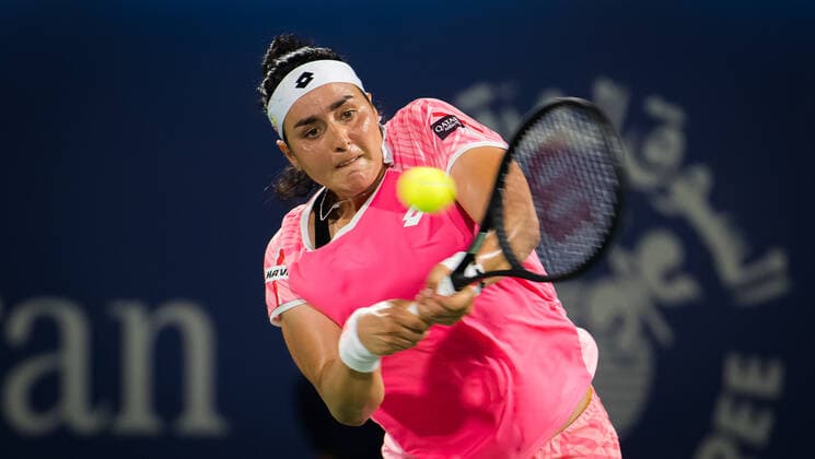 March 9, 2021, DUBAI, UNITED ARAB EMIRATES: Ons Jabeur of Tunisia in action during her second-round match at the 2021 Dubai Duty Free Tennis Championships WTA, Tennis Damen 1000 tournament against Elena Rybakina of Kazakhstan DUBAI UNITED ARAB EMIRATES - ZUMAa181 20210309_zaa_a181_198 Copyright: xRobxPrangex