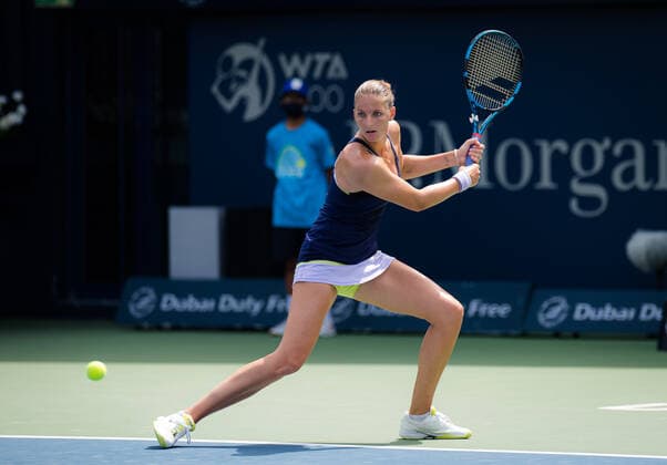 March 10, 2021, DUBAI, UNITED ARAB EMIRATES: Karolina Pliskova of the Czech Republic in action during her third-round match at the 2021 Dubai Duty Free Tennis Championships WTA, Tennis Damen 1000 tournament against Jessica Pegula of the United States DUBAI UNITED ARAB EMIRATES - ZUMAa181 20210310_zaa_a181_020 Copyright: xRobxPrangex