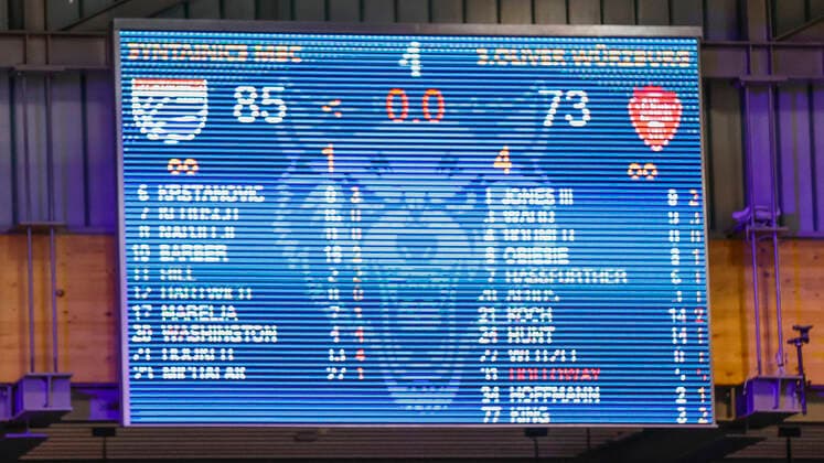 09 03 2021, Basketball, BBL 2020 2021, 18 matchday, Syntainics MBC s Oliver Wuerzburg, GER, Weissenfels, Stadthalle Weissenfels, picture scoreboard Copyright: HMBxMedia xHeikoxBecker