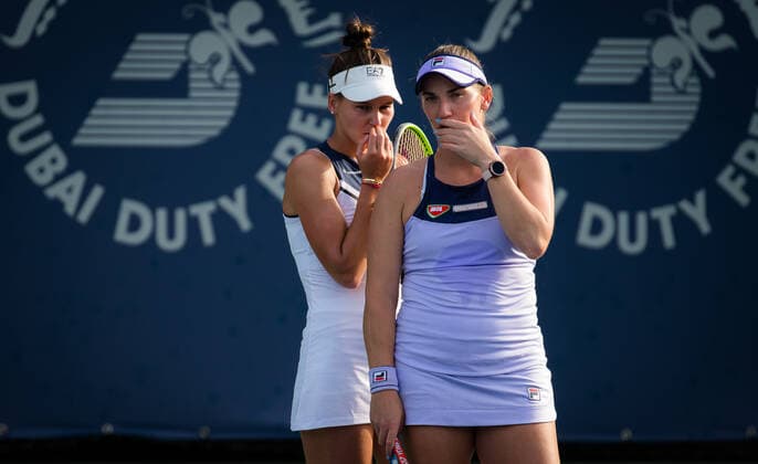 March 10, 2021, DUBAI, UNITED ARAB EMIRATES: Veronika Kudermetova of Russia & Timea Babos of Hungary playing doubles at the 2021 Dubai Duty Free Tennis Championships WTA, Tennis Damen 1000 tournament DUBAI UNITED ARAB EMIRATES - ZUMAa181 20210310_zaa_a181_105 Copyright: xRobxPrangex