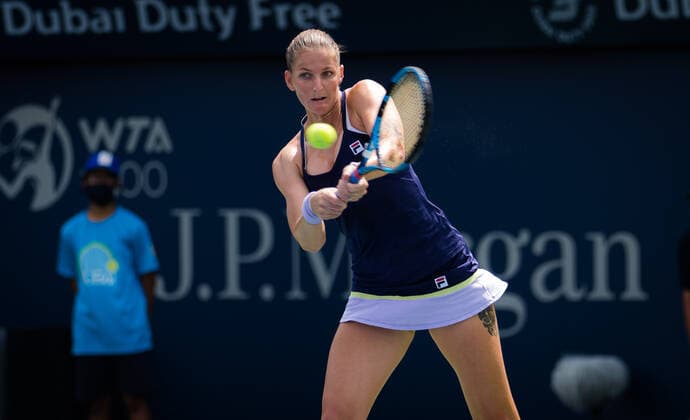 March 10, 2021, Dubai, United Arab Emirates: Karolina Pliskova of the Czech Republic in action during her third-round match at the 2021 Dubai Duty Free Tennis Championships WTA, Tennis Damen 1000 tournament against J. Pegula of the United States DUBAI UNITED ARAB EMIRATES - ZUMAa181 20210310_zaa_a181_021 Copyright: xRobxPrangex