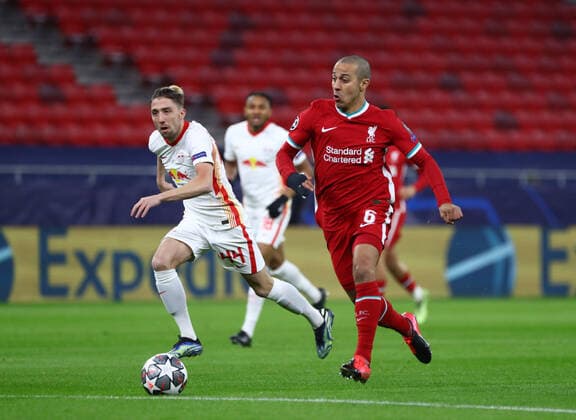 Football, Men, 2020 2021 season, Champions League Round of 16 second leg in Budapest, Liverpool FC RB Leipzig, v l Kevin Kampl RB Leipzig , Thiago Alcantara Liverpool FC , 10 03 2021, Copyright: xSzilviaxMichellerx xMatthiasxKochx