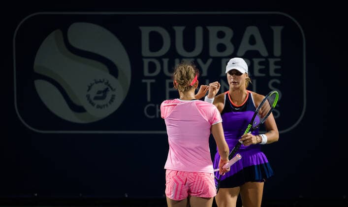 March 10, 2021, DUBAI, UNITED ARAB EMIRATES: Elise Mertens of Belgium & Aryna Sabalenka of Belarus playing doubles at the 2021 Dubai Duty Free Tennis Championships WTA, Tennis Damen 1000 tournament DUBAI UNITED ARAB EMIRATES - ZUMAa181 20210310_zaa_a181_202 Copyright: xRobxPrangex