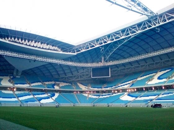 29.10.2019, Vorschau zur Fussball Weltmeisterschaft 2022 in Katar, VAE. Al Janoub Stadium in Al-Wakrah (Katar), 17 Kilometer von Doha entfernt, welches auch Austragungsort von WM Spielen 2022 sein wird. Das Dach-Design des Al Janoub Stadiums, ist an die traditionellen Dhau-Boote angelehnt, die von den Einwohnern der Stadt genutzt wurden. Das Al Wakrah Stadium ist die sportliche Heimat vom Al Wakrah Sports Club. Das Stadion für 40.000 Menschen ist voll Klimatisiert und deshalb ganzjährig bespielbar. *** 29 10 2019, Preview of the 2022 World Cup in Qatar, UAE Al Janoub Stadium in Al Wakrah Qatar , 17 kilometres from Doha, which will also host World Cup 2022 matches The roof design of Al Janoub Stadium, is based on the traditional dhow boats used by the citys inhabitants Al Wakrah Stadium is the sporting home of Al Wakrah Sports Club The stadium for 40,000 people is fully air-conditioned and therefore playable all year round