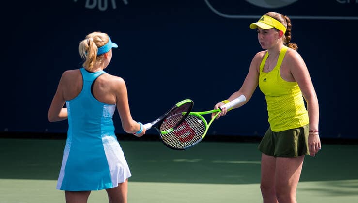March 11, 2021, DUBAI, UNITED ARAB EMIRATES: Jelena Ostapenko of Latvia & Lyudmyla Kichenok of Ukraine playing doubles at the 2021 Dubai Duty Free Tennis Championships WTA, Tennis Damen 1000 tournament DUBAI UNITED ARAB EMIRATES - ZUMAa181 20210311_zaa_a181_001 Copyright: xRobxPrangex