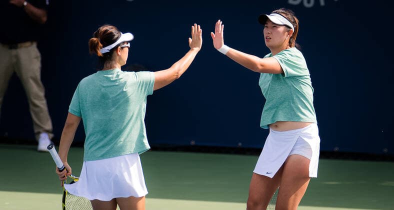 March 11, 2021, DUBAI, UNITED ARAB EMIRATES: Yifan Xu & Zhaoxuan Yang of China playing doubles at the 2021 Dubai Duty Free Tennis Championships WTA, Tennis Damen 1000 tournament DUBAI UNITED ARAB EMIRATES - ZUMAa181 20210311_zaa_a181_005 Copyright: xRobxPrangex