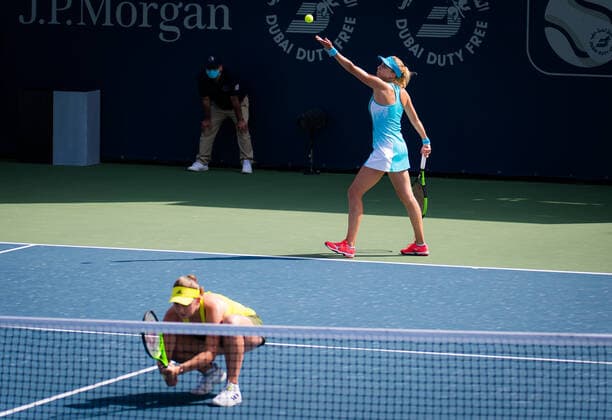 March 11, 2021, DUBAI, UNITED ARAB EMIRATES: Jelena Ostapenko of Latvia & Lyudmyla Kichenok of Ukraine playing doubles at the 2021 Dubai Duty Free Tennis Championships WTA, Tennis Damen 1000 tournament DUBAI UNITED ARAB EMIRATES - ZUMAa181 20210311_zaa_a181_007 Copyright: xRobxPrangex