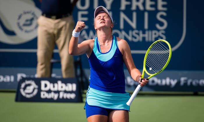 March 11, 2021, DUBAI, UNITED ARAB EMIRATES: Barbora Krejcikova of the Czech Republic in action during the quarter-final at the 2021 Dubai Duty Free Tennis Championships WTA, Tennis Damen 1000 tournament against Barbora Krejcikova of the Czech Republic DUBAI UNITED ARAB EMIRATES - ZUMAa181 20210311_zaa_a181_015 Copyright: xRobxPrangex