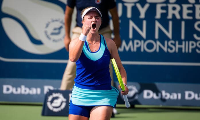 March 11, 2021, DUBAI, UNITED ARAB EMIRATES: Barbora Krejcikova of the Czech Republic in action during the quarter-final at the 2021 Dubai Duty Free Tennis Championships WTA, Tennis Damen 1000 tournament against Barbora Krejcikova of the Czech Republic DUBAI UNITED ARAB EMIRATES - ZUMAa181 20210311_zaa_a181_014 Copyright: xRobxPrangex