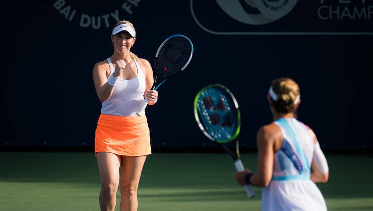 March 11, 2021, DUBAI, UNITED ARAB EMIRATES: Alexa Guarachi of Chile & Darija Jurak of Croatia playing doubles at the 2021 Dubai Duty Free Tennis Championships WTA, Tennis Damen 1000 tournament DUBAI UNITED ARAB EMIRATES - ZUMAa181 20210311_zaa_a181_020 Copyright: xRobxPrangex