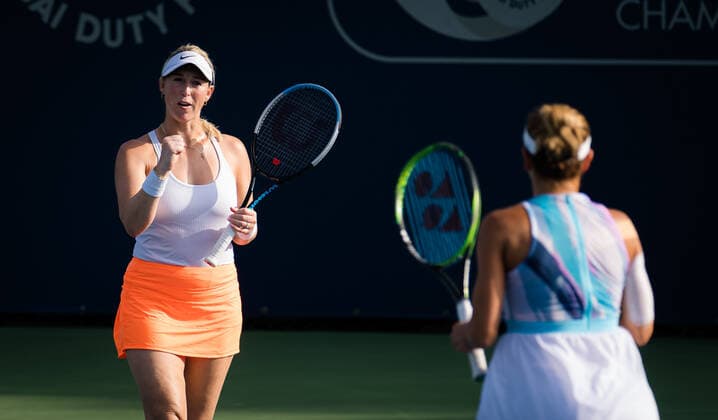March 11, 2021, DUBAI, UNITED ARAB EMIRATES: Alexa Guarachi of Chile & Darija Jurak of Croatia playing doubles at the 2021 Dubai Duty Free Tennis Championships WTA, Tennis Damen 1000 tournament DUBAI UNITED ARAB EMIRATES - ZUMAa181 20210311_zaa_a181_021 Copyright: xRobxPrangex